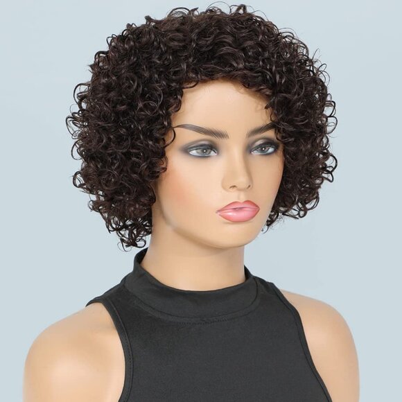Short Curly Human Hair Wigs For Black Women Dark Brown Human Hair Curly Wigs Non - Picture 3 of 7
